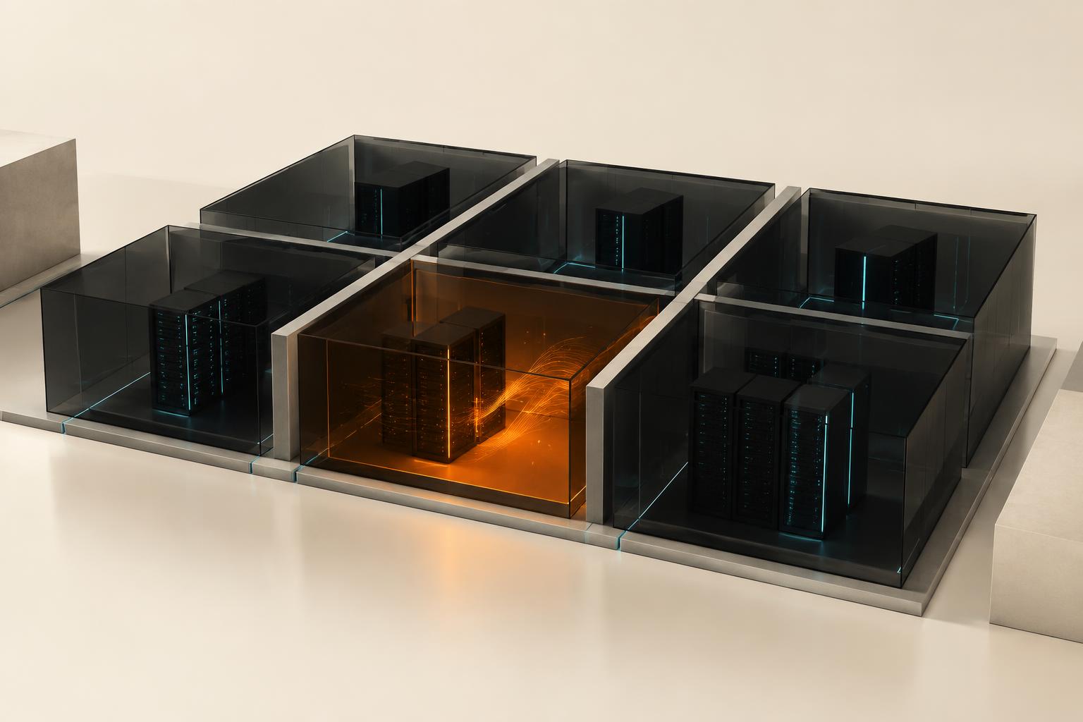 Separate secure data chambers with one account illuminated in amber