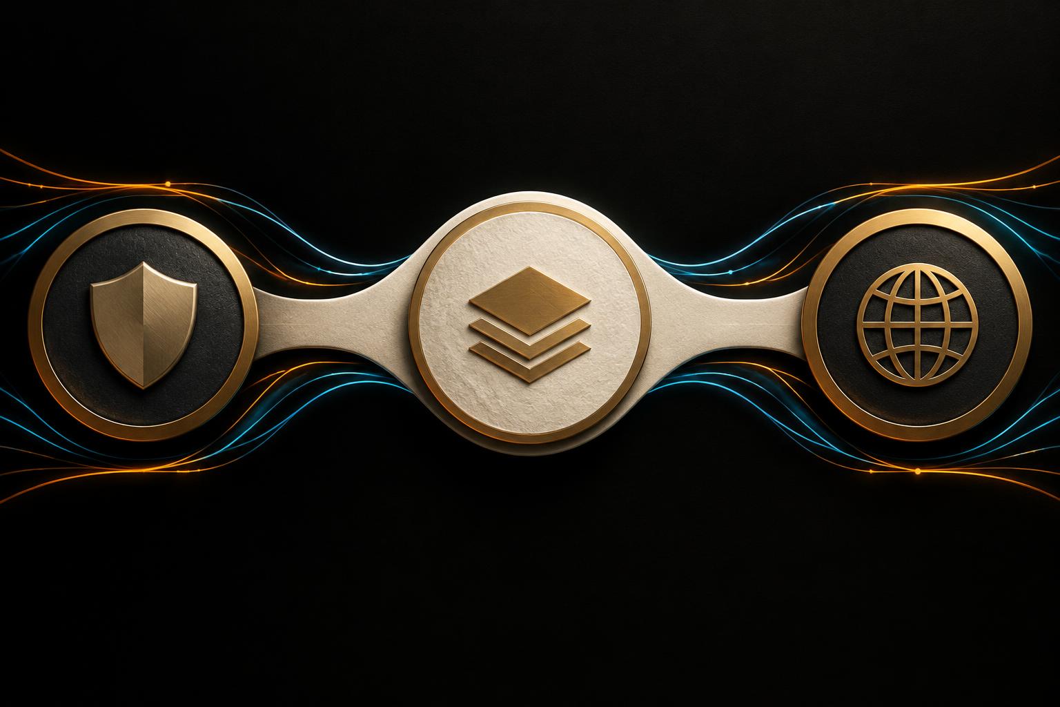 Three connected assurance medallions representing infrastructure, data and network controls